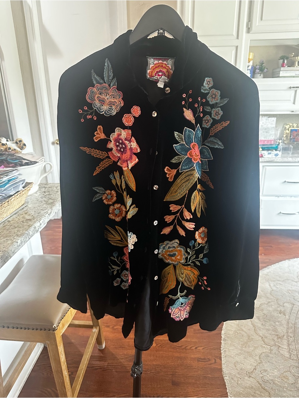 Johnny Was Black Velvet Button-Down Blouse with Multicolor Floral Embroidery